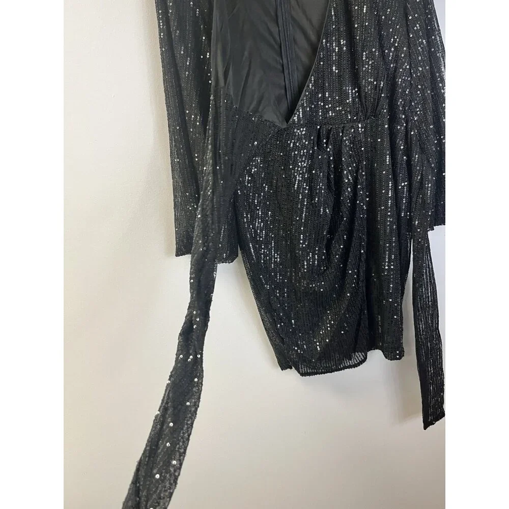 Sexy/Classy Double Crazy Black Sequin Long Sleeve Wrap Dress L 🤍 - Picture 3 of 8